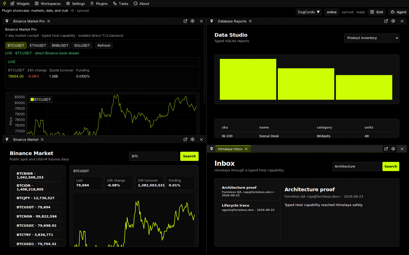 Formless Click Default-theme multi-panel workspace